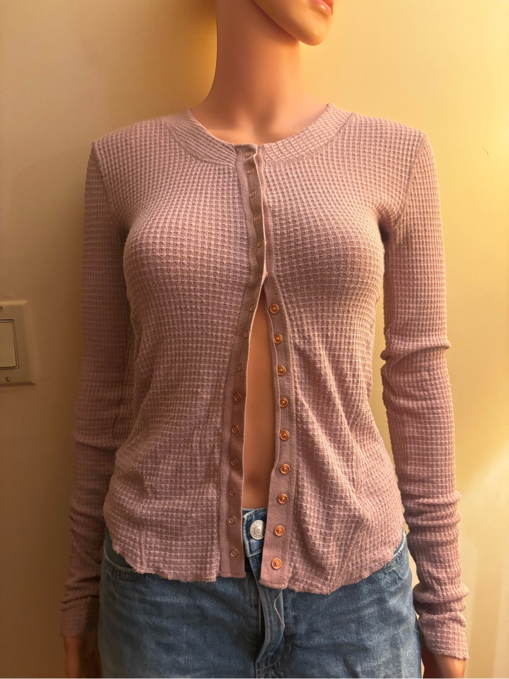 Free People Waffle Knit Snap-Front Top — Mauve Pink - Picture 3 of 7